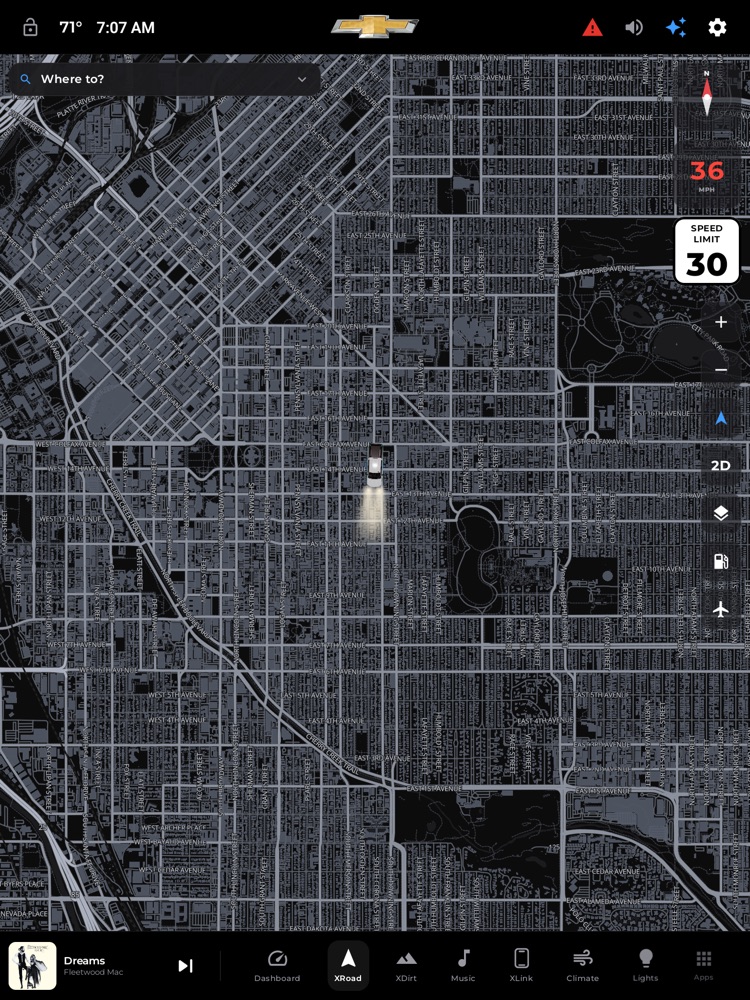 XRoad on-road navigation: the 3D street map, the truck marker, search, and the control rail.