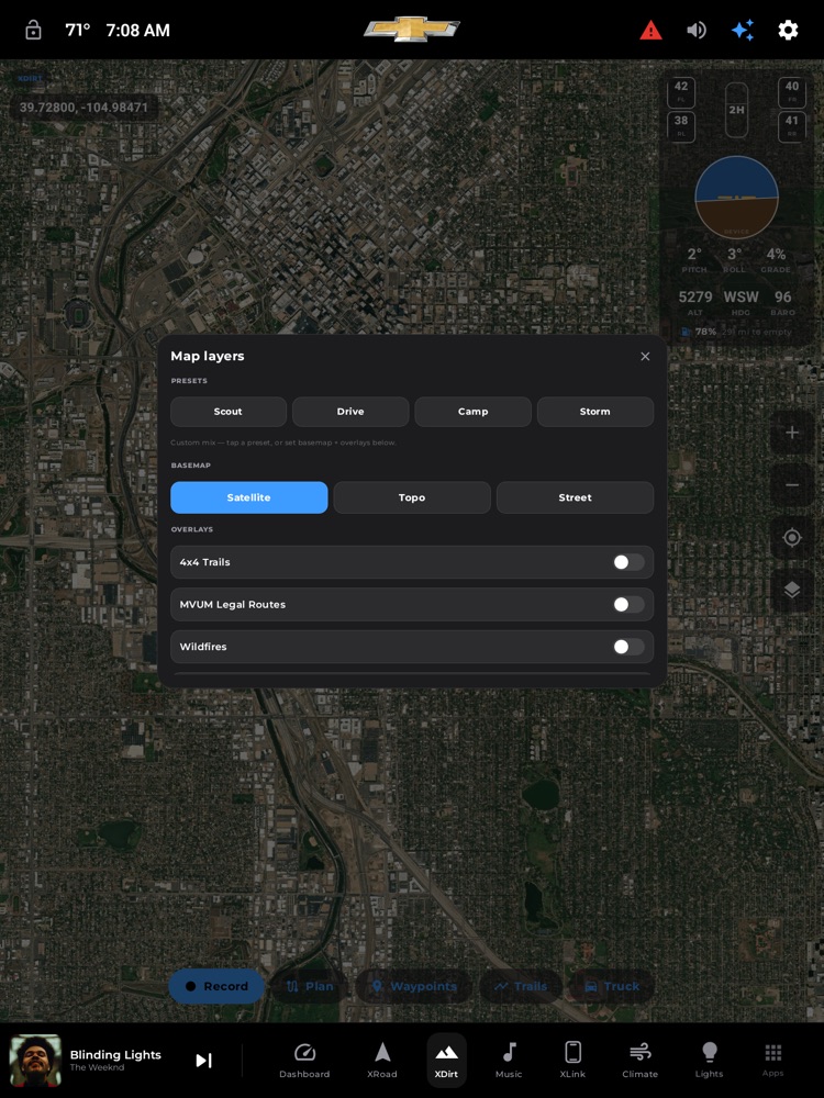The Map Layers panel: presets (Scout/Drive/Camp/Storm), basemaps, and overlay toggles.