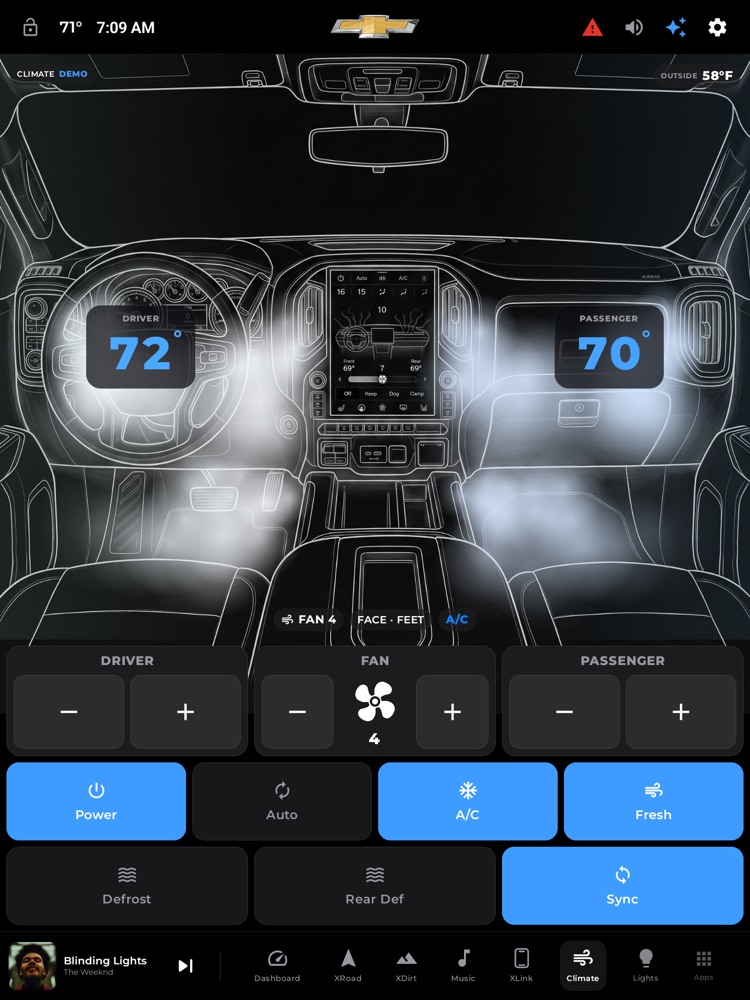 The Climate page: dual-zone temps, fan, the airflow visualization, and control toggles.