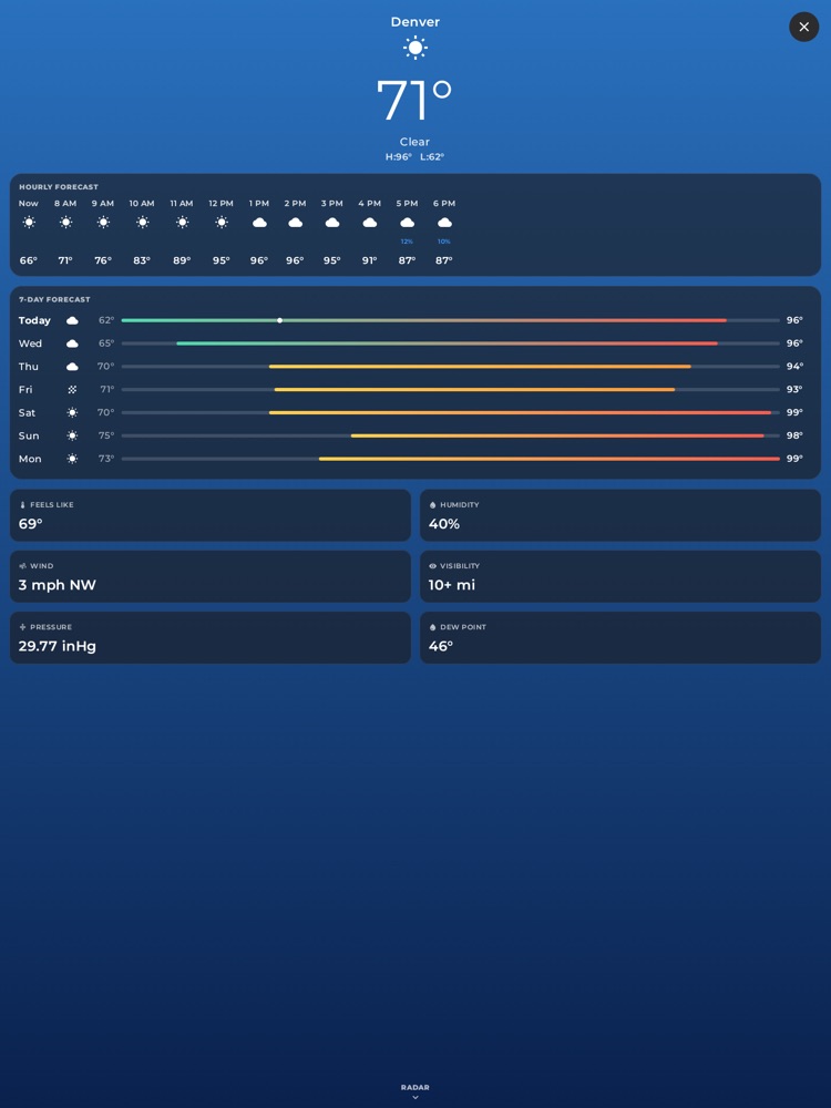 The Weather view: current conditions, hourly and 7-day forecast, and detail cards.