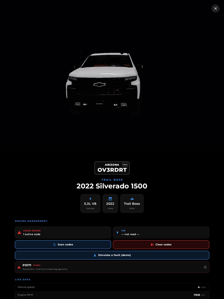 The About page: a spinnable 3D model of your truck, the plate, specs, and engine-management tools.