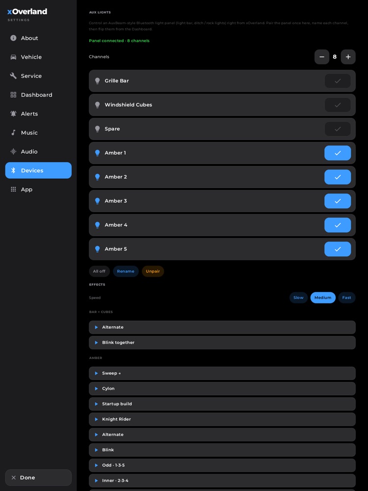 Settings > Devices: pair Bluetooth accessories like the aux-light panel. (Your OBD-II adapter pairs in the head unit's own Bluetooth settings, and the app finds it by name.)